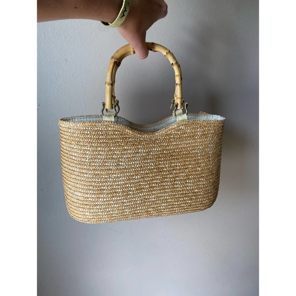 Vintage Handbags - Vintage Natural Straw Tote with Bamboo Handles